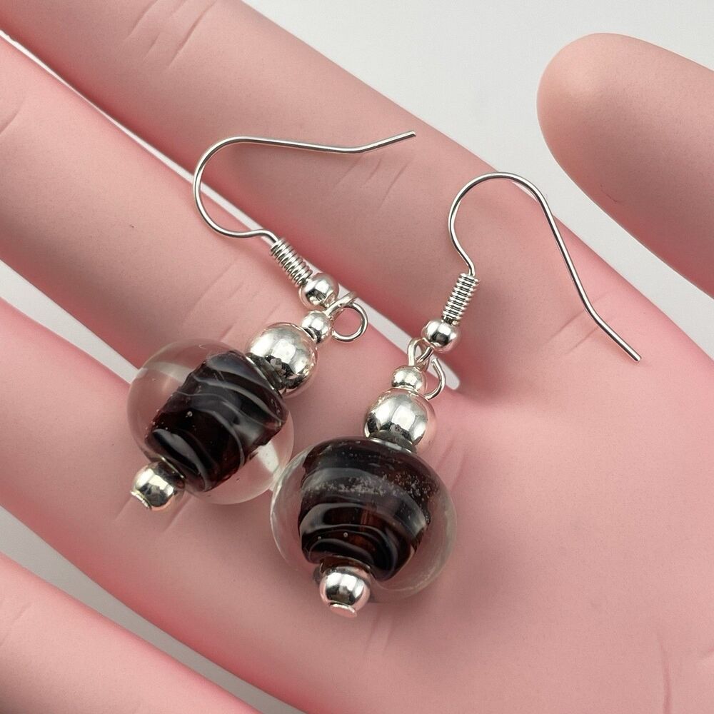 Vintage Artisan Handmade Brown Swirl Murano Glass Beads Globe Dangle Earrings